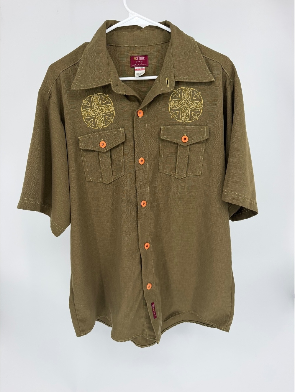 BC Ethic Men's Short Sleeve Button-Up Shirt Large Brown Polyester
